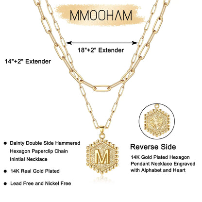 M MOOHAM Dainty Gold Necklace for Women - 14K Solid Gold Over Layering Necklaces for Women Cute Hexagon Letter Initial Necklaces for Women Gold Layered Necklaces for Women Jewelry Gifts 18 IN M