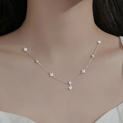 Zircon Inlaid Four-Leaf Flower Chain Necklace for Women, New Fashion Light Luxury and Attractive