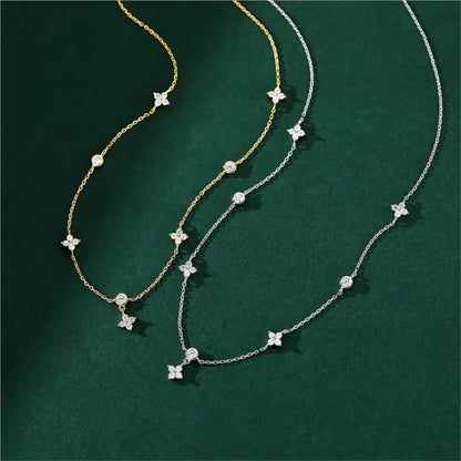 Zircon Inlaid Four-Leaf Flower Chain Necklace for Women, New Fashion Light Luxury and Attractive