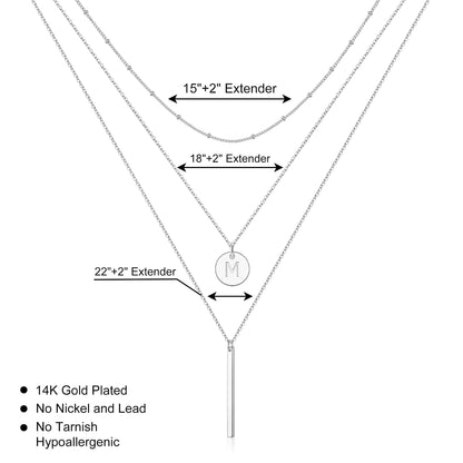 Gold Initial Layered Necklaces for Women, 14K Gold Plated Coin Letter Necklace Bar Stacking Necklace Layer Necklace Multi Bar Layering Y-Necklaces Jewelry for Women Silver P